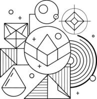 Geometric Abstract Black and White Line Art Composition Featuring Circles Triangles Squares and Plus Signs vector