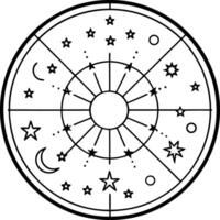 Celestial Mandala Black and White Circular Design with Stars Moons and Sun Rays vector
