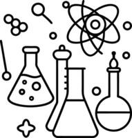 Black and White Line Art Illustration of Science Lab Equipment Atom Molecules Erlenmeyer Flasks Beaker Test Tubes vector