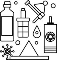 Black and White Line Art Illustration of Various Geometric Shapes and Objects including Bottles a Triangle and a Star of David vector