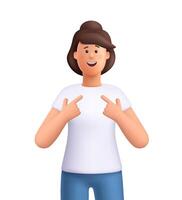 Young smiling woman Jane pointing at herself with both hands. Suggesting pride, confidence and achievement concept. 3d people character. Cartoon minimal style. vector