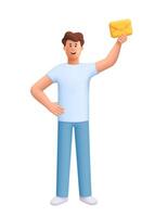 Young smiling man James holding a yellow envelope. Post, message delivery, e-mail, messenger and communication concept. 3d people character. Cartoon minimal style. vector