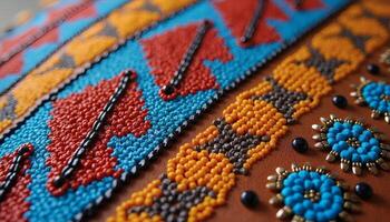 Close-up of intricate beadwork design featuring vibrant colors and patterns on a leather surface photo