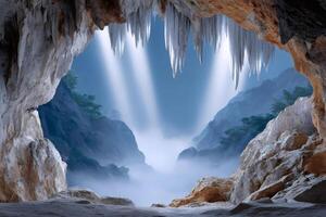Sunbeams illuminating misty mountains from inside a cave with stalactites photo