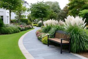 Relaxing bench inviting to sit and enjoy the beautiful garden photo