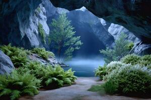 Underground lake flowing in a mysterious blue cave with ferns and trees photo