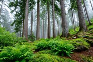 Lush green ferns growing in foggy forest photo