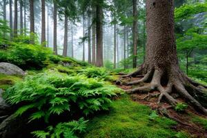 Large tree roots growing on mossy forest floor with ferns and fog photo
