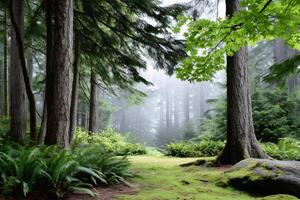 Fog arising in magical forest with ferns and moss covering ground photo