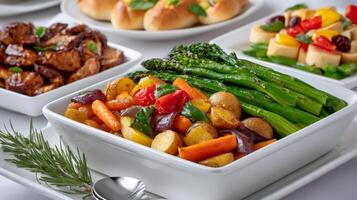 Catering company serving delicious roasted vegetables with asparagus, potatoes, carrots, and onions photo