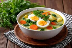 Spring vegetable soup with boiled eggs, potatoes and carrots garnished with fresh parsley photo
