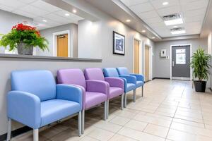 Modern waiting room with colorful chairs and plants providing a comfortable environment photo