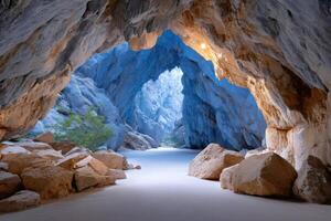 Sunlight entering blue cave with white sand and rocks photo