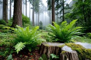 Green ferns growing on a tree stump in a foggy forest photo