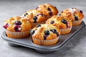 Delicious blueberry muffins baking in a muffin tin photo