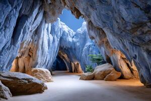 Exploring marble cave with illuminated path and heart shaped opening photo