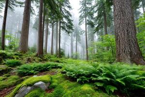 Fog arising in magic forest with ferns and moss photo