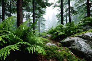Lush ferns growing in foggy forest path photo