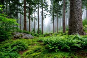 Magic atmosphere pervading foggy forest with ferns and moss photo