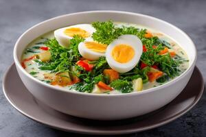 Spinach soup with boiled eggs, potatoes, carrots and herbs garnished with fresh parsley photo