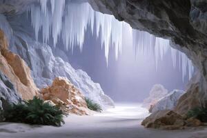 Large ice stalactites hanging from ceiling of rocky cave with plants growing on sandy ground photo