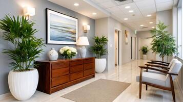 Modern office space with elegant waiting room, plants, painting and comfortable armchairs photo