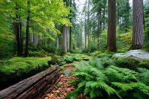 Lush green ferns growing in the forest among moss and fallen trees photo