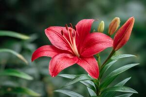 Red lily flower growing in a garden with water drops photo