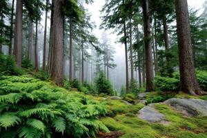 Fog slowly rising in magic forest with ferns and moss covering the ground photo