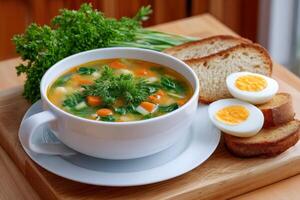 Spinach soup with boiled eggs and toasted bread on wooden cutting board photo
