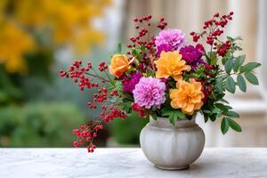 Vibrant bouquet of dahlias and roses resting on a marble surface photo