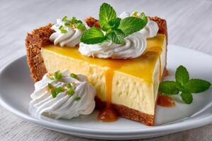 Key lime pie slice with whipped cream and mint on white plate photo