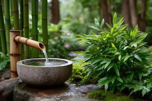 Japanese Tsukubai in a Lush Garden Setting with Bamboo Fountain Pouring Water into Stone Basin photo