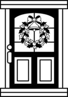 black and white illustration of a door with a wreath hanging on it vector