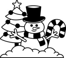 black and white illustration of a snowman candy cane and Christmas tree vector