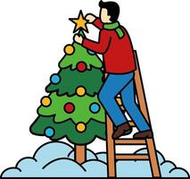 A man is putting a star on a Christmas tree vector