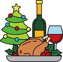 The Christmas tree is surrounded by a bottle of wine and a plate of roast turkey vector