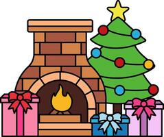 A fireplace with a Christmas tree and presents in front of it vector