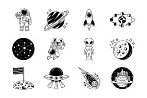 black and white illustration icons of spaceship alien in the galaxy collection vector