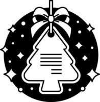 black and white illustration of a Christmas card with a ribbon hanging from it vector