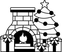 black and white illustration of a fireplace with a Christmas tree and presents vector