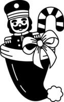 black and white illustration of a nutcracker in Santa Claus hat vector