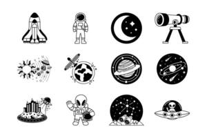 black and white illustration of spaceship alien in the galaxy collection vector