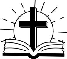 black and white illustration of a cross is on top of an open book vector