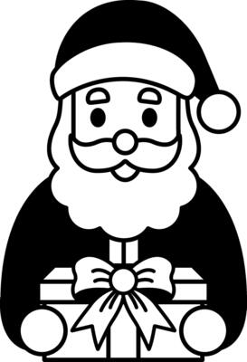 black and white illustration of Santa Claus holding a gift box