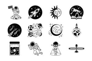 black and white illustration items of spaceship alien in the galaxy collection vector