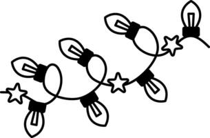 black and white illustration of a string of Christmas lights and stars vector