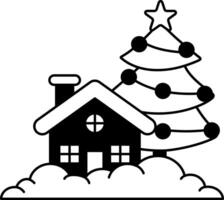 black and white illustration of a house with a Christmas tree vector