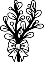 black and white illustration of a mistletoe branch with a bow vector