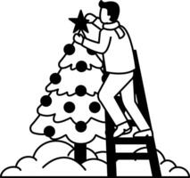 black and white illustration of a man is putting a star on a Christmas tree vector